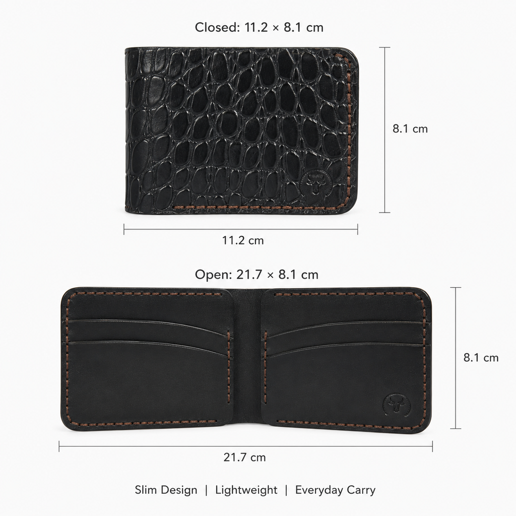 Black Crocodile-Textured Leather Bifold Wallet detail view by Leatherog