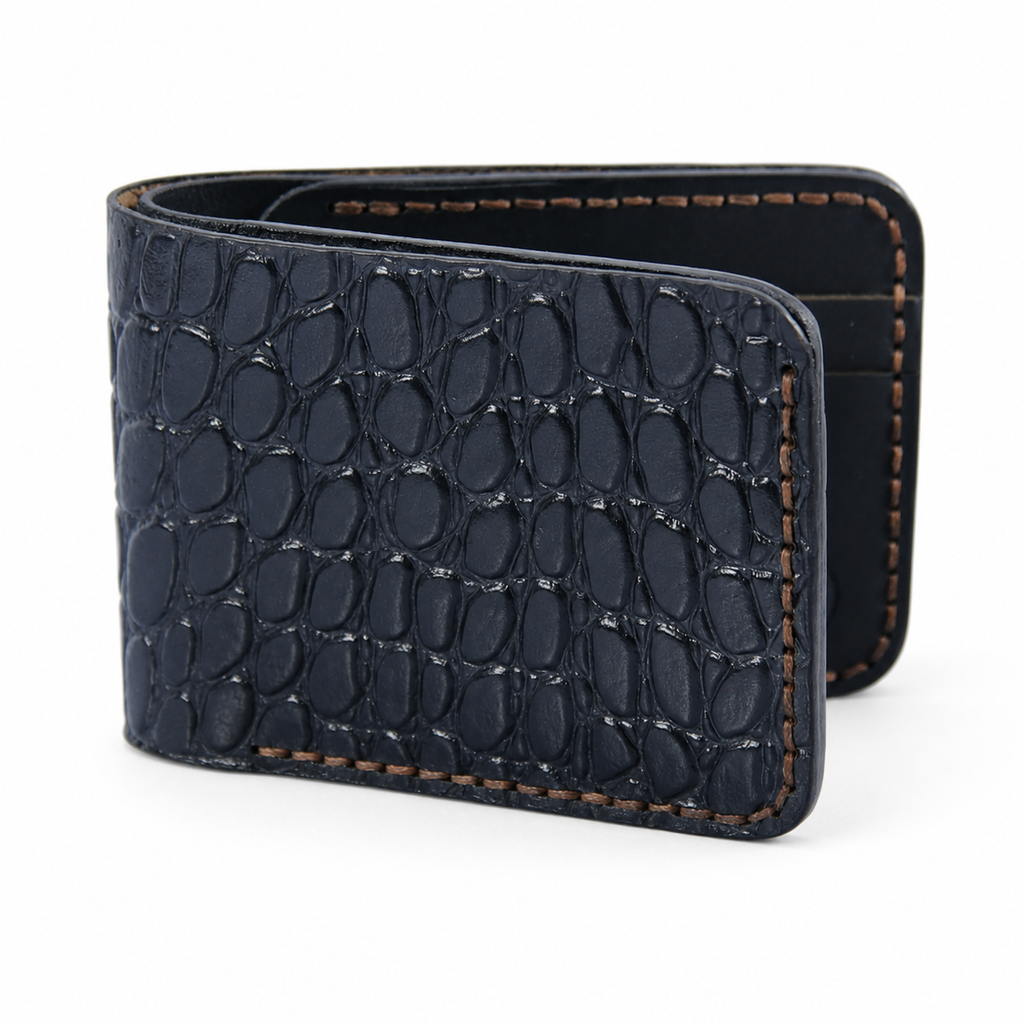 Black Crocodile-Textured Leather Bifold Wallet dimensions guide by Leatherog