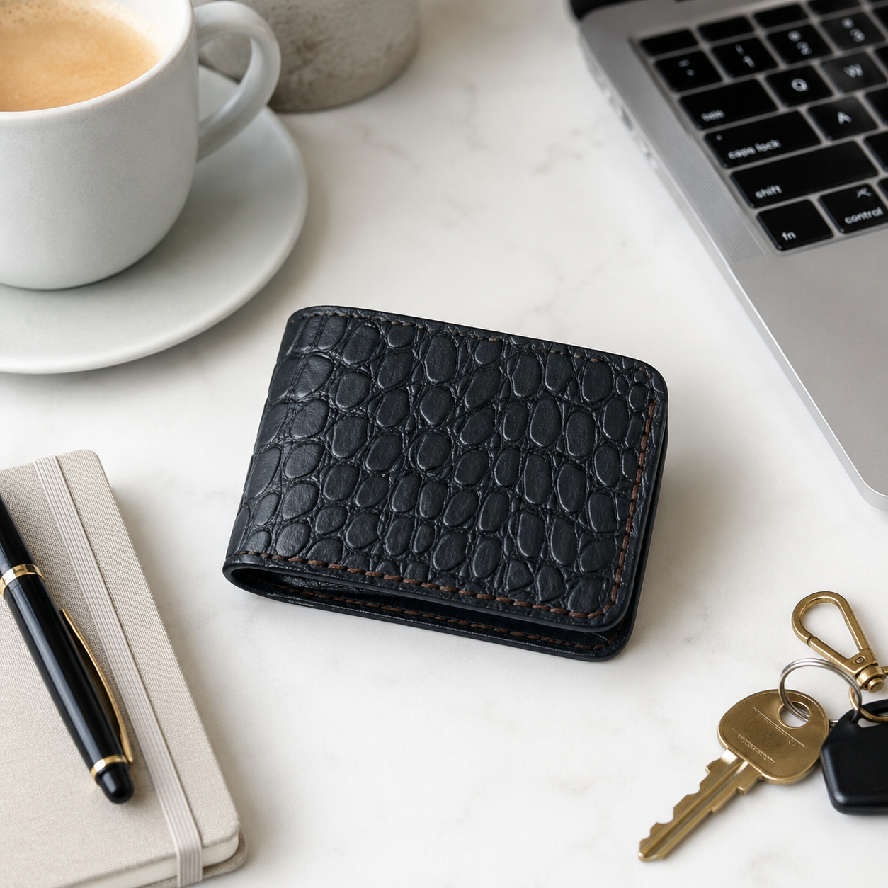 Black Crocodile-Textured Leather Bifold Wallet open view by Leatherog