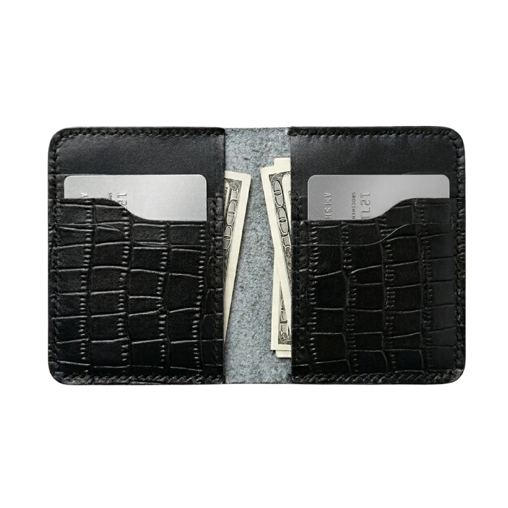 Black Crocodile-Textured Vertical Leather Wallet angled view by Leatherog