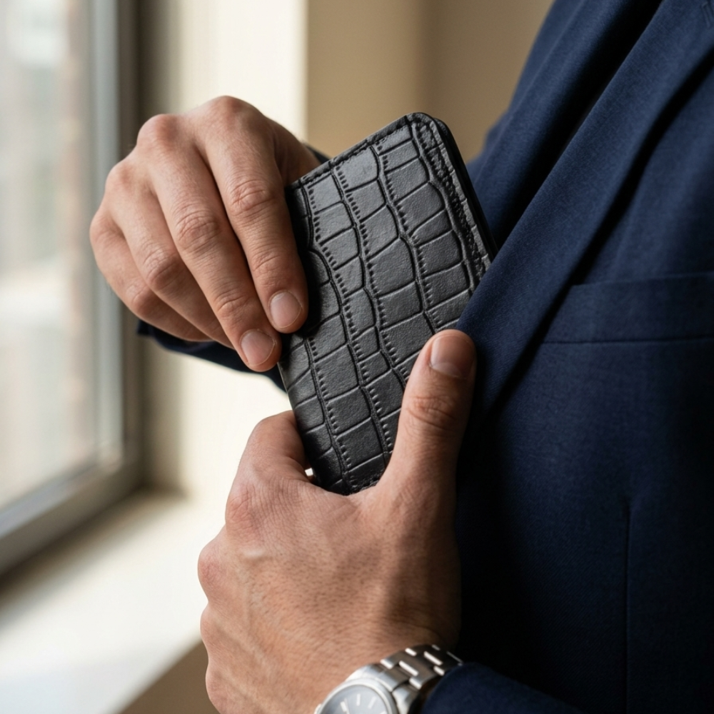 Black Crocodile-Textured Vertical Leather Wallet detail view by Leatherog
