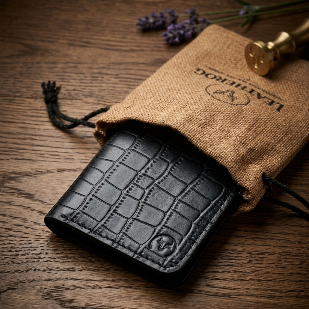 Black Crocodile-Textured Vertical Leather Wallet feature view by Leatherog