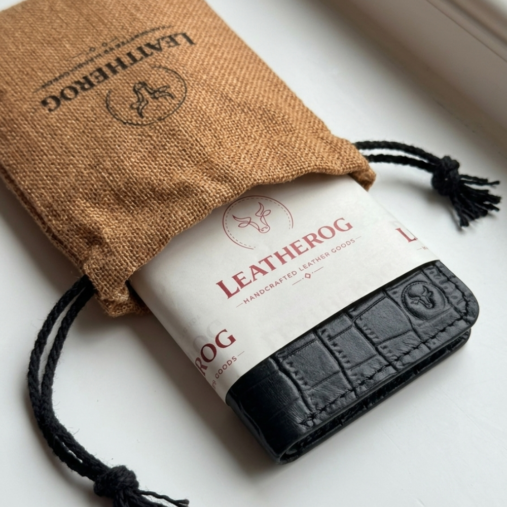 Black Crocodile-Textured Vertical Leather Wallet open view by Leatherog