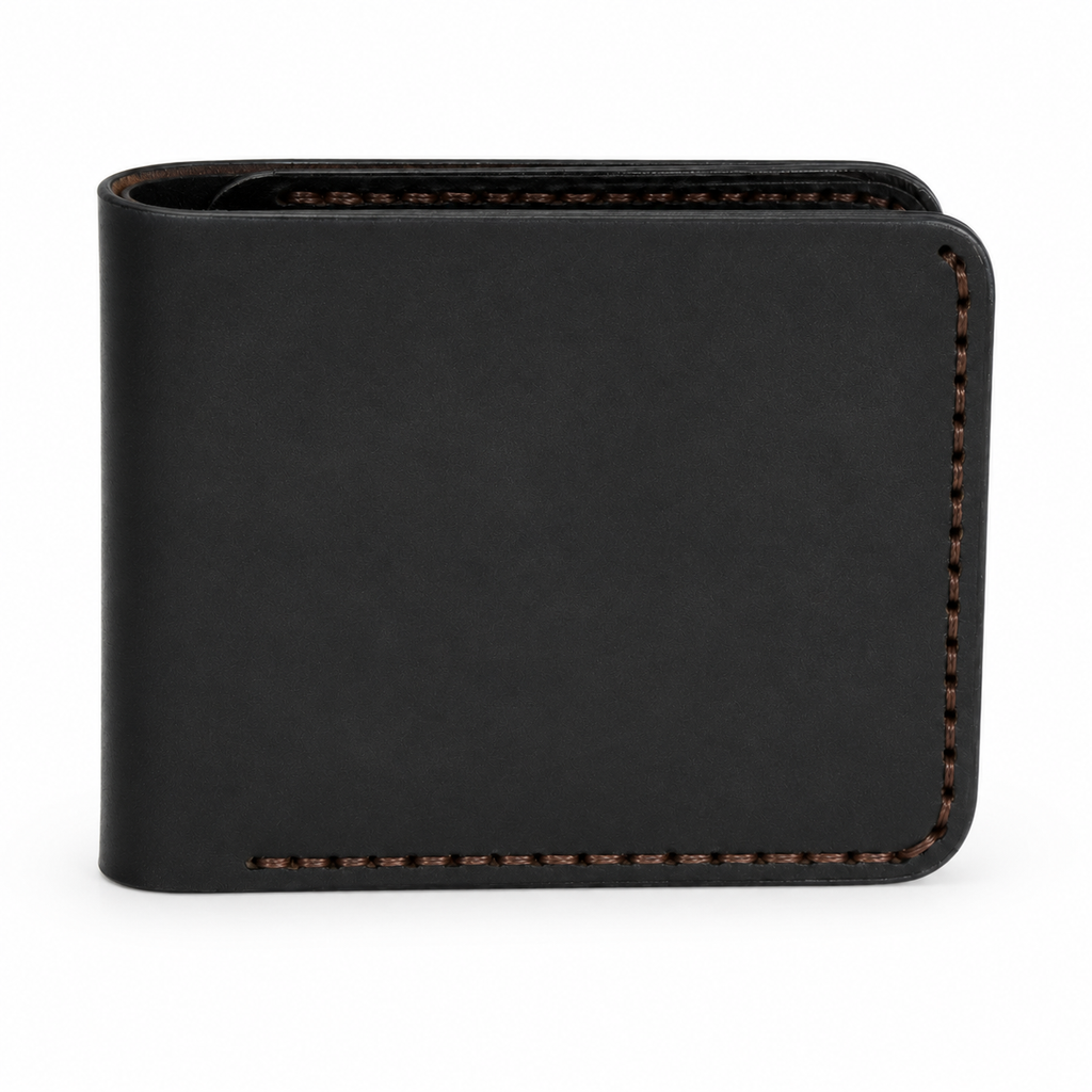 Black Curved Leather Bifold Wallet angled view by Leatherog
