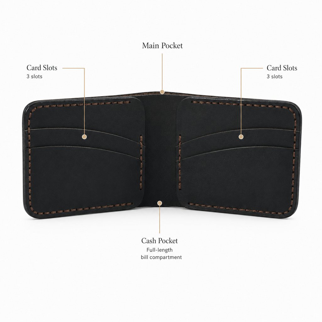 Black Curved Leather Bifold Wallet detail view by Leatherog