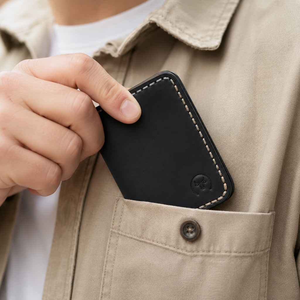 Black Executive Leather Vertical Bifold Wallet lifestyle view by Leatherog