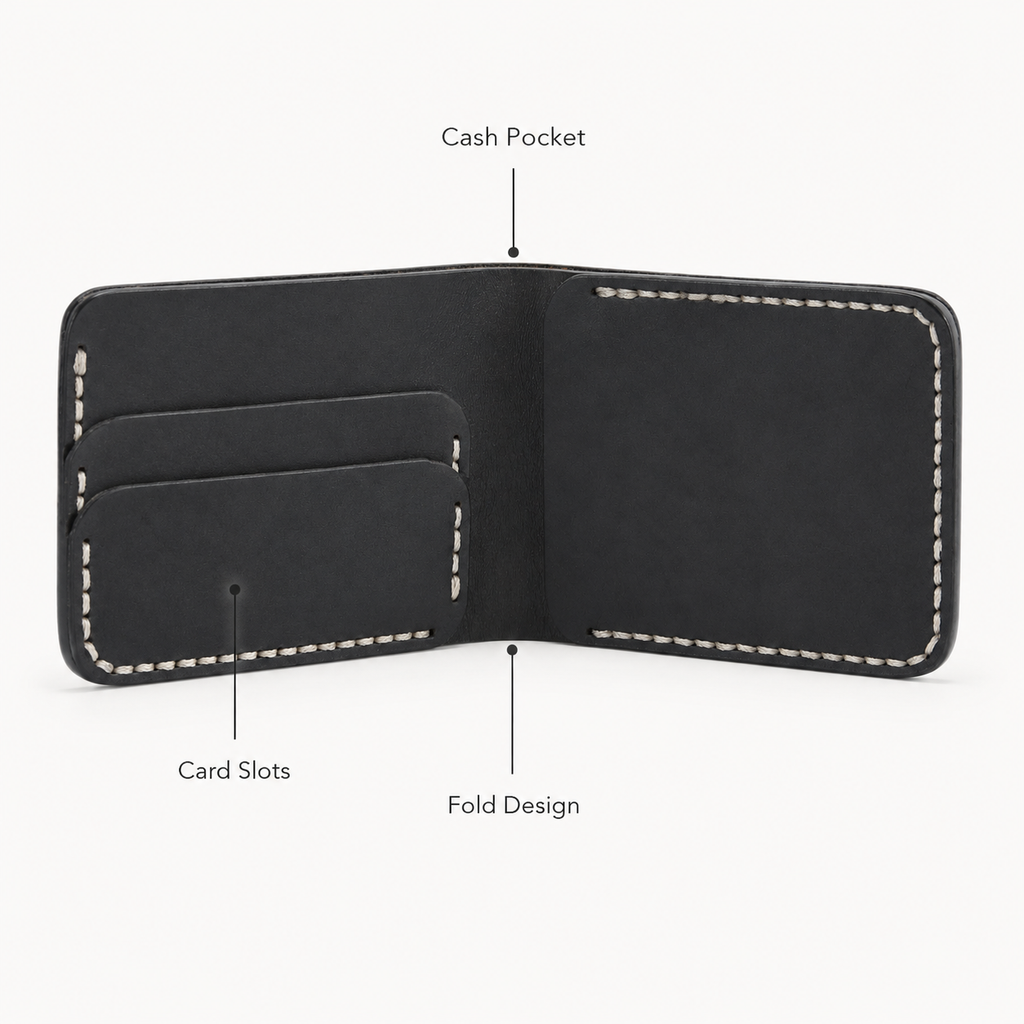 Black Modern Leather Bifold Wallet detail view by Leatherog