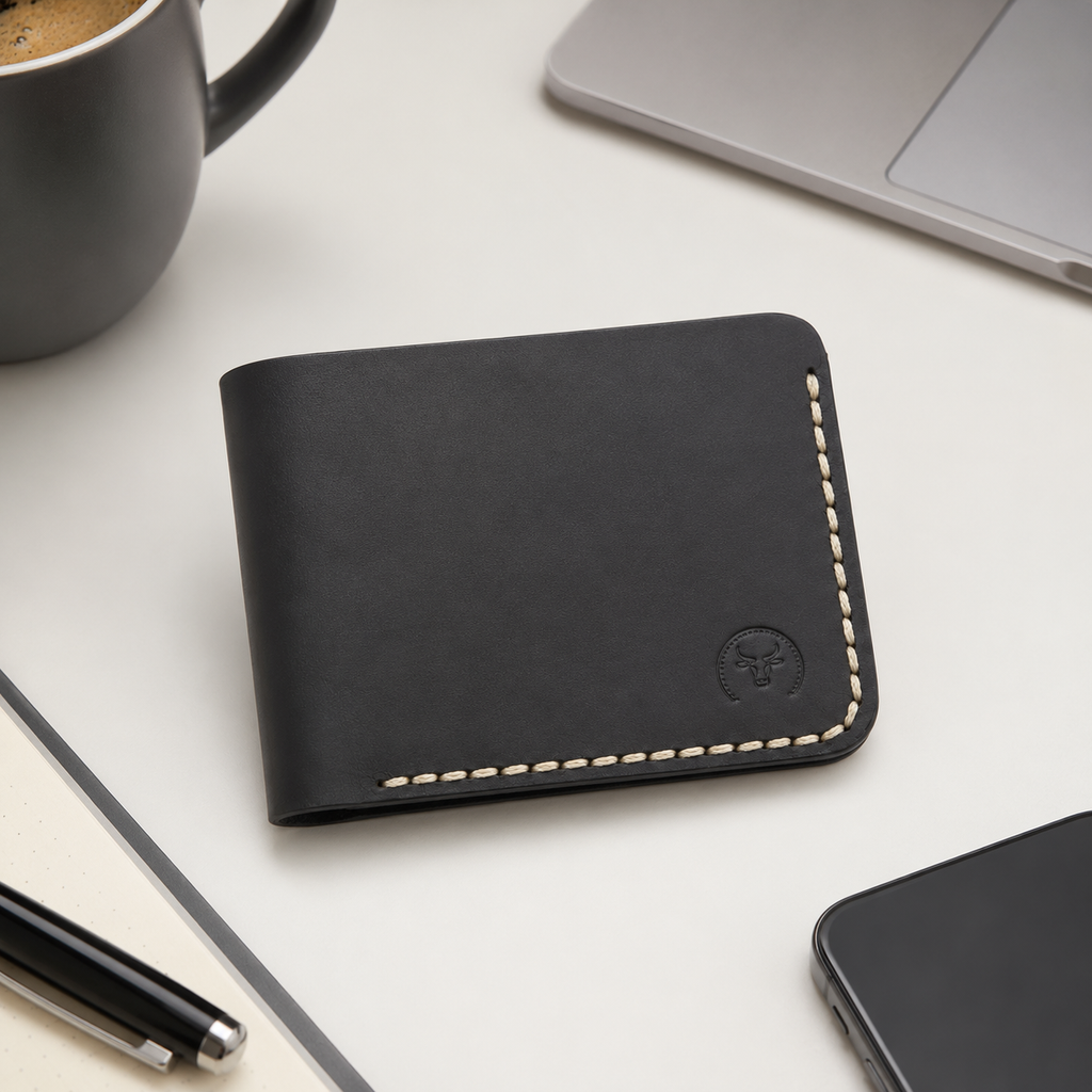 Black Modern Leather Bifold Wallet dimensions guide by Leatherog