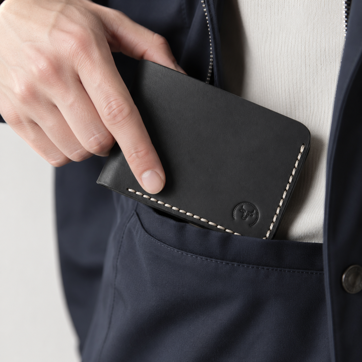 Black Modern Leather Bifold Wallet lifestyle view by Leatherog