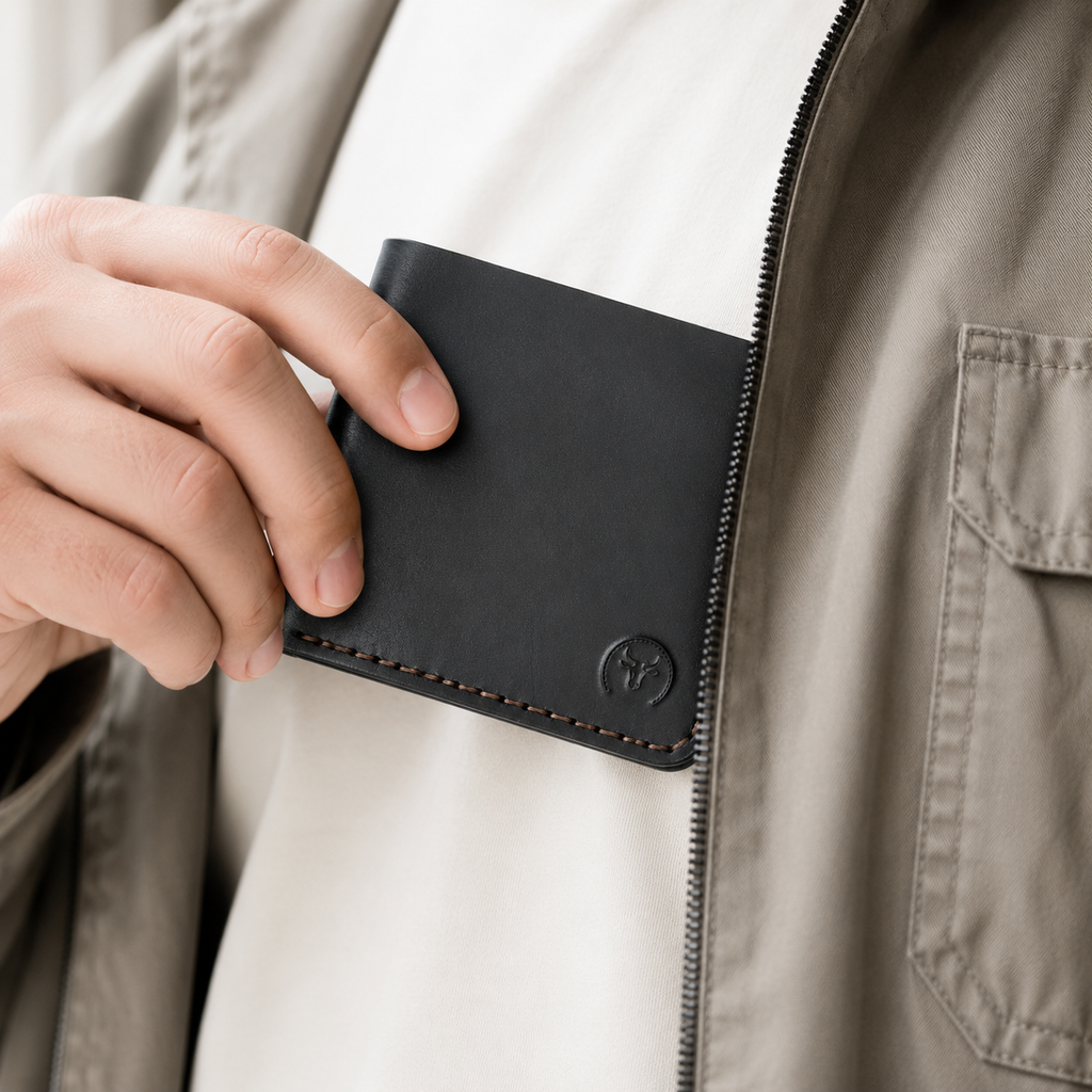 Black Urban Leather Bifold Wallet lifestyle view by Leatherog