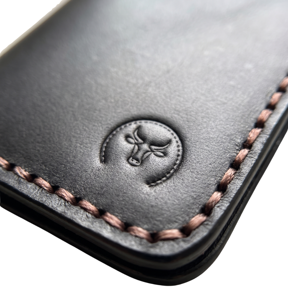 Black Vertical Leather Wallet angled view by Leatherog