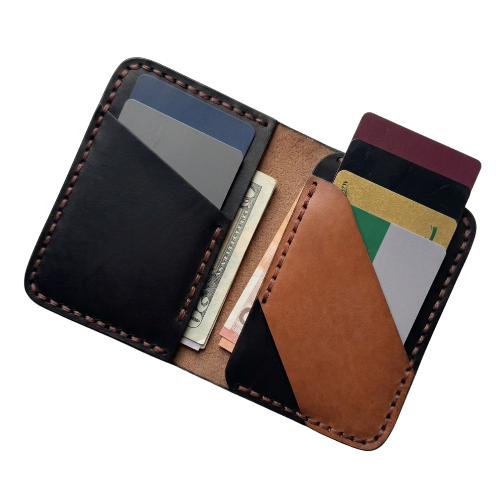 Black Vertical Leather Wallet open view by Leatherog