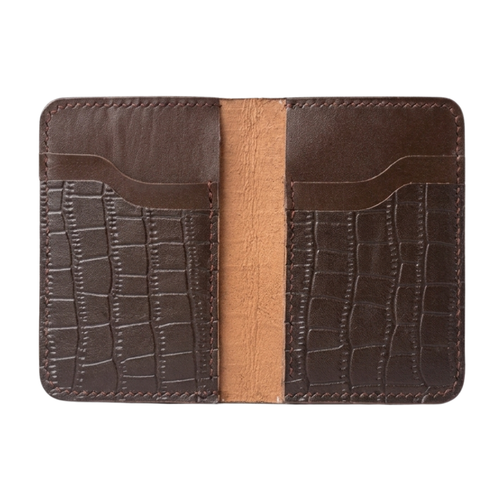Brown Crocodile-Textured Vertical Leather Wallet angled view by Leatherog