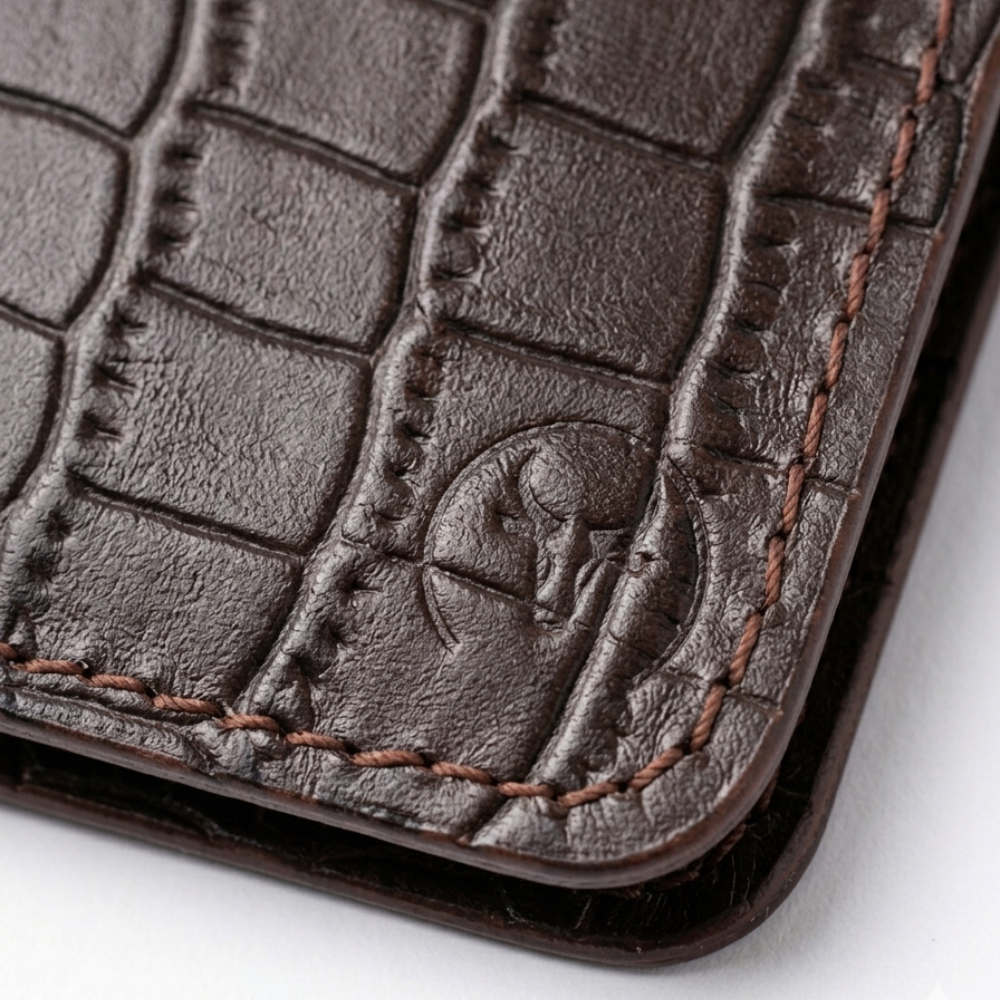 Brown Crocodile-Textured Vertical Leather Wallet detail view by Leatherog
