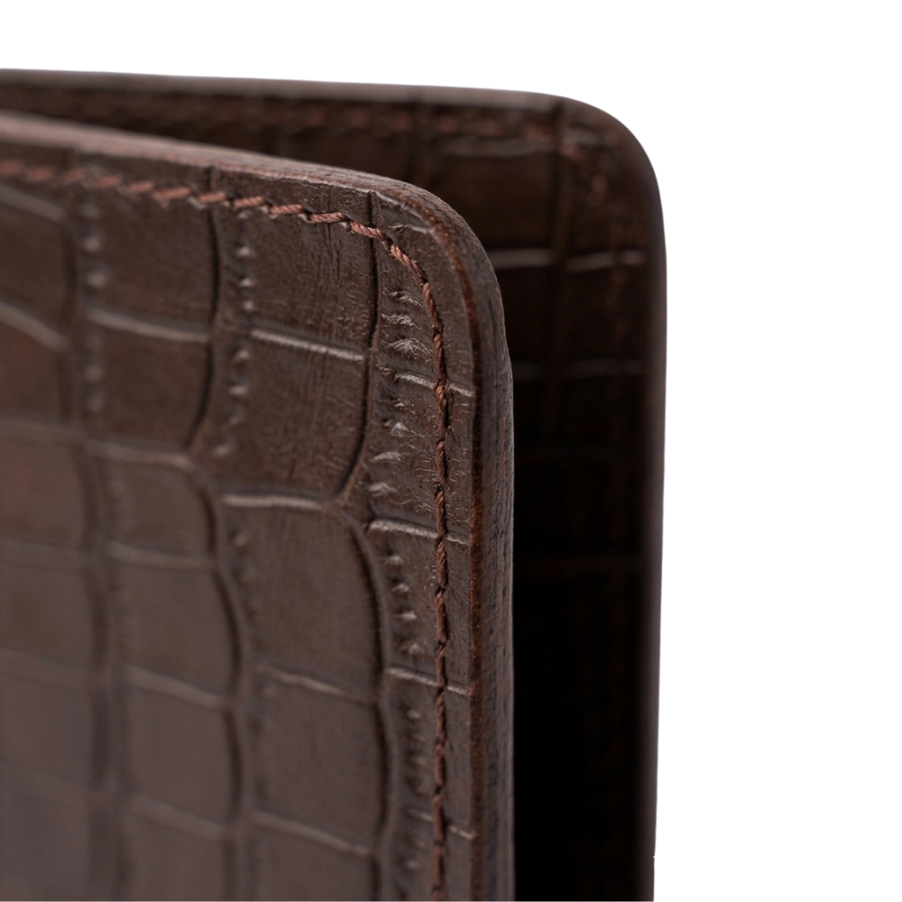 Brown Crocodile-Textured Vertical Leather Wallet open view by Leatherog