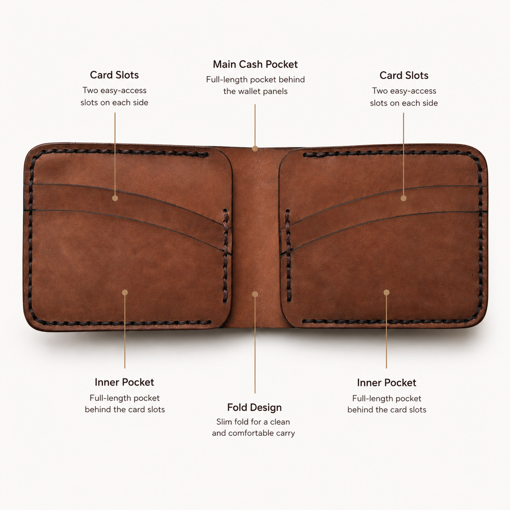 Brown Curved Leather Bifold Wallet detail view by Leatherog