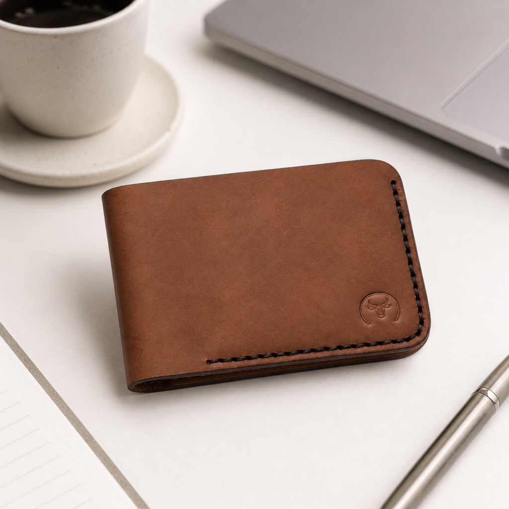 Brown Curved Leather Bifold Wallet dimensions guide by Leatherog