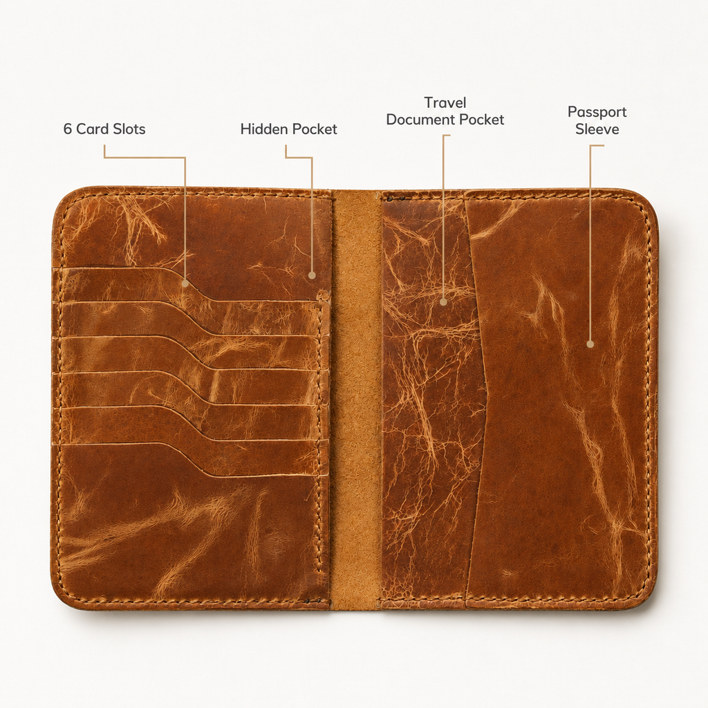 Brown Leather Passport Wallet and Travel Holder detail view by Leatherog