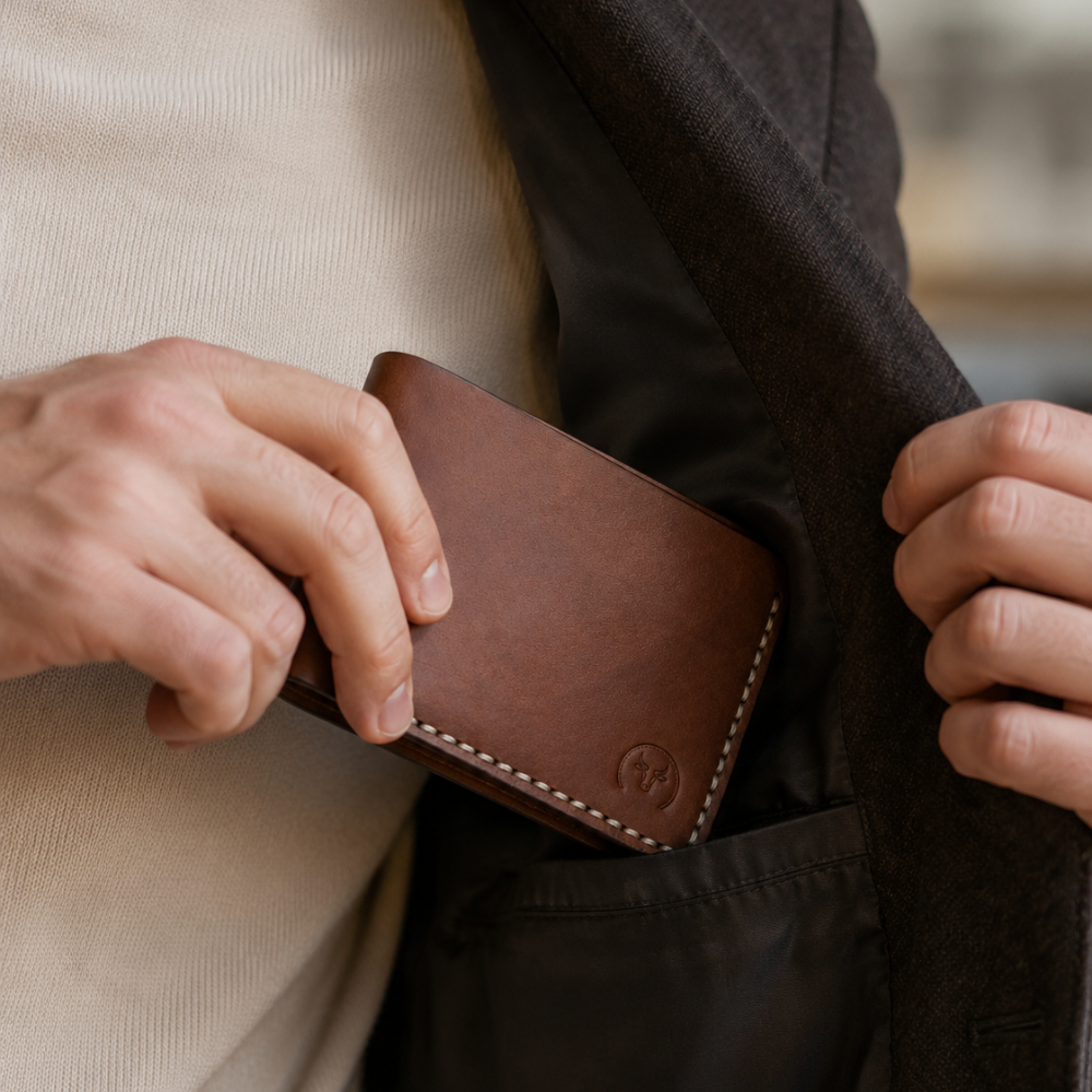 Brown Modern Leather Bifold Wallet dimensions guide by Leatherog
