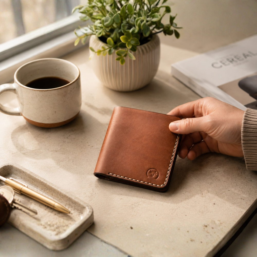Brown Slim Leather Card Holder Wallet detail view by Leatherog