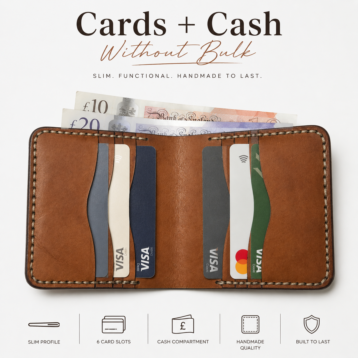 Brown Slim Leather Card Holder Wallet open view by Leatherog