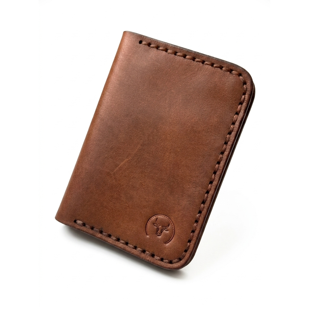 Brown Vertical Leather Bifold Wallet angled view by Leatherog