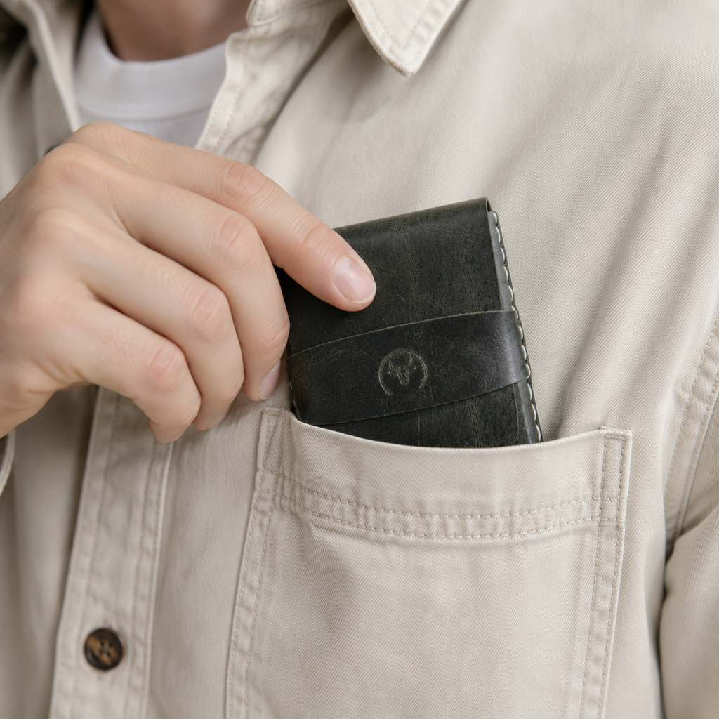 Dark Green Full-Grain Leather Card Wallet lifestyle view by Leatherog