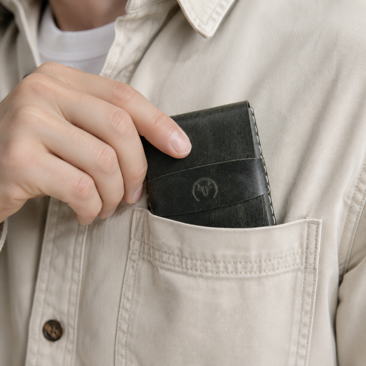 Dark Green Full-Grain Leather Card Wallet lifestyle view by Leatherog