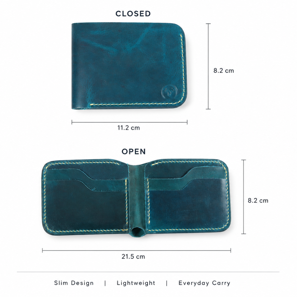 Green Classic Leather Bifold Wallet dimensions guide by Leatherog
