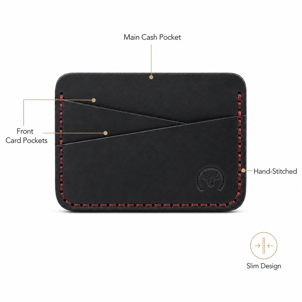 Black Minimal Leather Cardholder Wallet dimensions guide by Leatherog