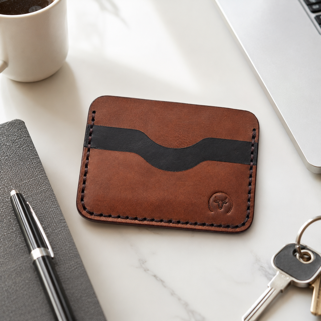 Brown Minimalist Leather Card Holder Wallet detail view by Leatherog