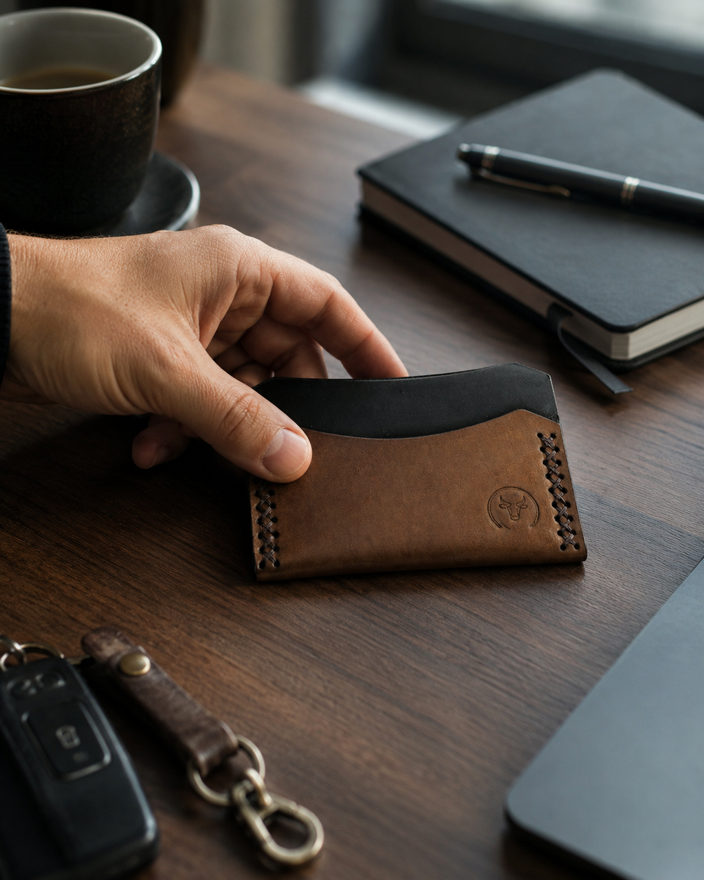 Brown Cross-Stitched Leather Card Holder Wallet dimensions guide by Leatherog