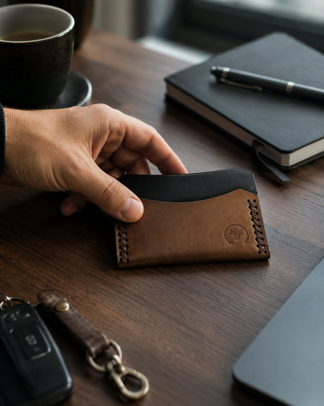 Brown Cross-Stitched Leather Card Holder Wallet dimensions guide by Leatherog
