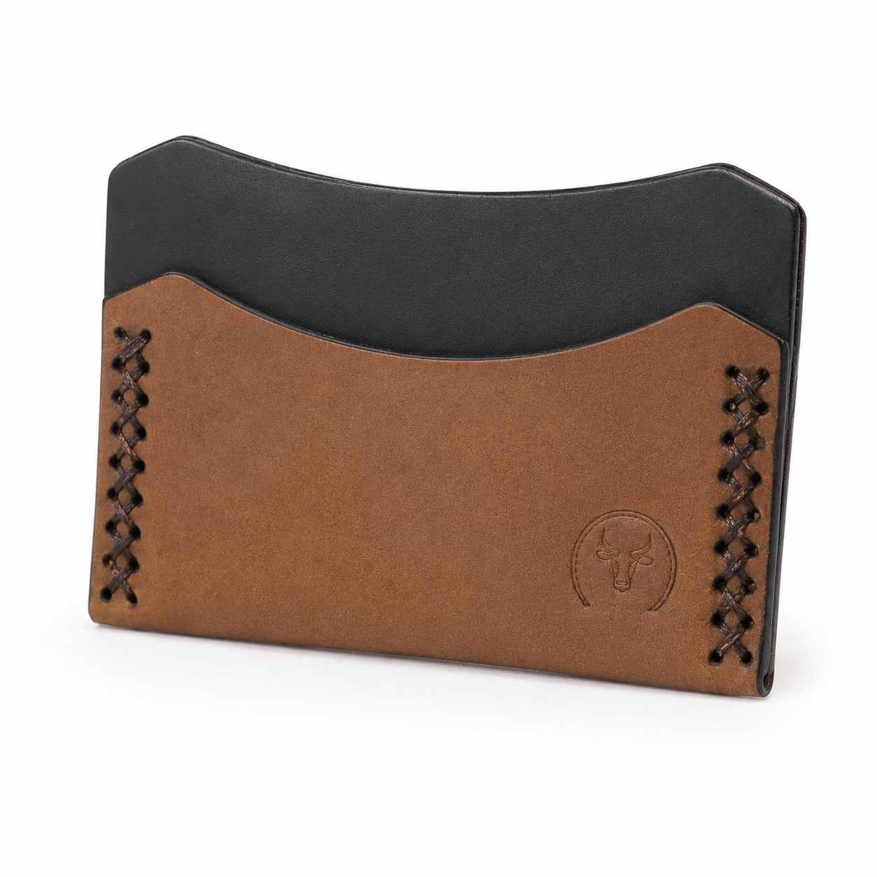 Brown Cross-Stitched Leather Card Holder Wallet main view by Leatherog