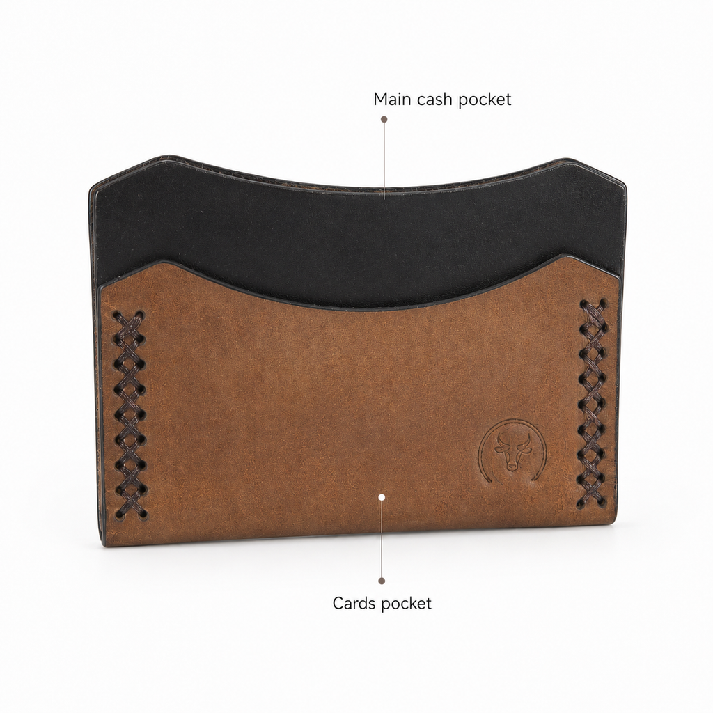 Brown Cross-Stitched Leather Card Holder Wallet open view by Leatherog