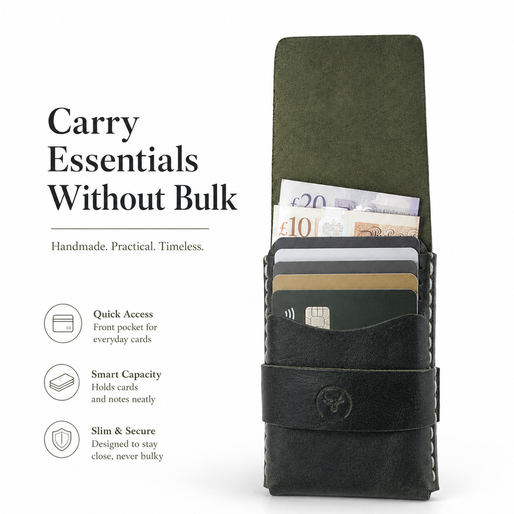 Dark Green Full-Grain Leather Card Wallet open view by Leatherog