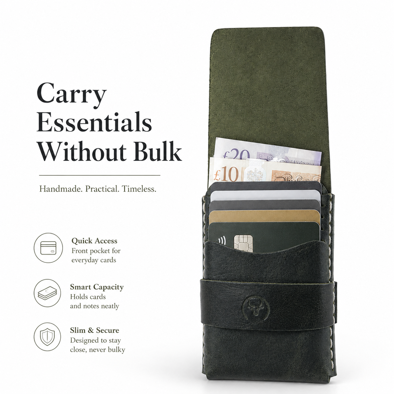 Dark Green Full-Grain Leather Card Wallet open view by Leatherog