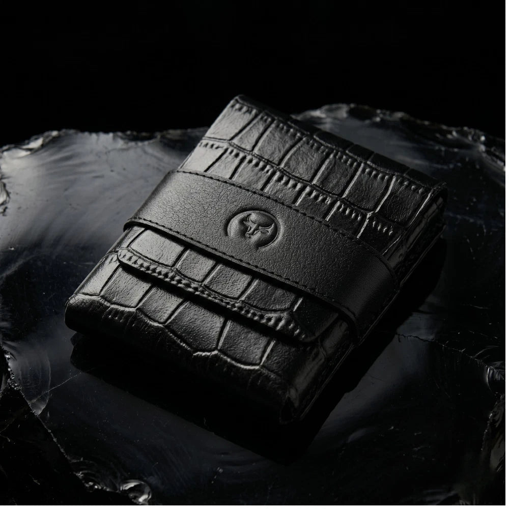 Black Crocodile-Textured Leather Card Wallet angled view by Leatherog