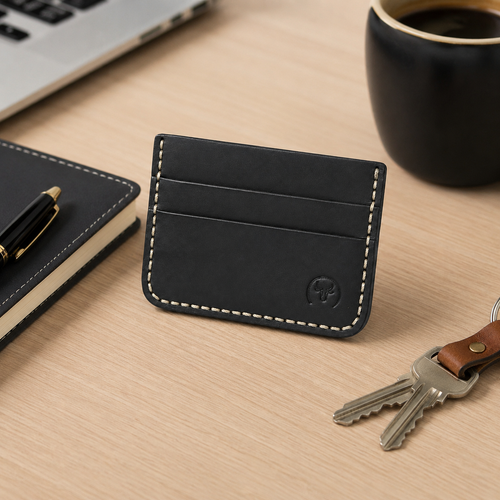 Black Hand-Stitched Leather Card Holder Wallet dimensions guide by Leatherog