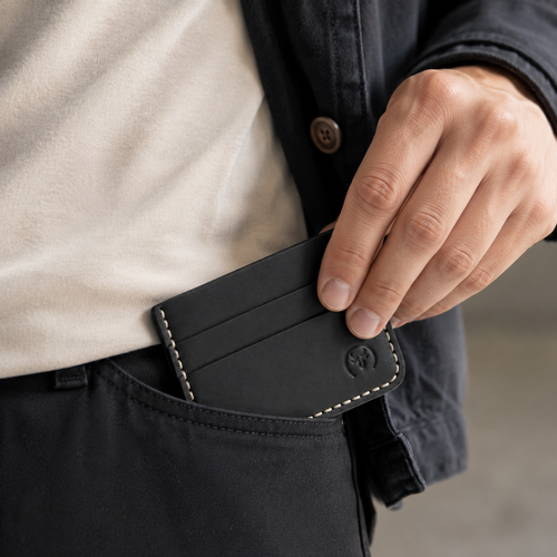 Black Hand-Stitched Leather Card Holder Wallet lifestyle view by Leatherog
