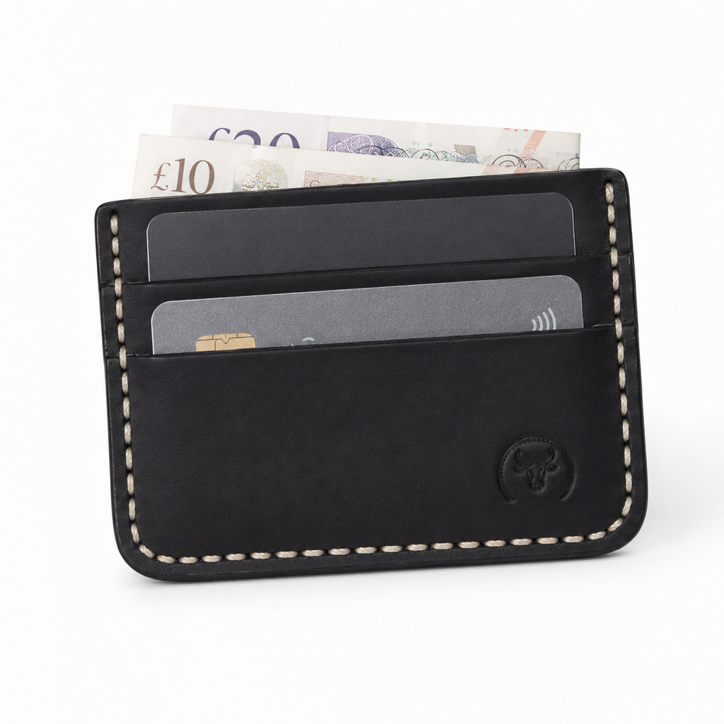 Black Hand-Stitched Leather Card Holder Wallet open view by Leatherog