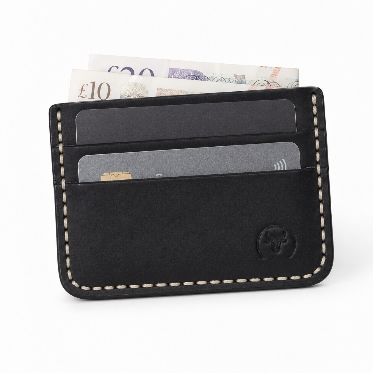Black Hand-Stitched Leather Card Holder Wallet open view by Leatherog