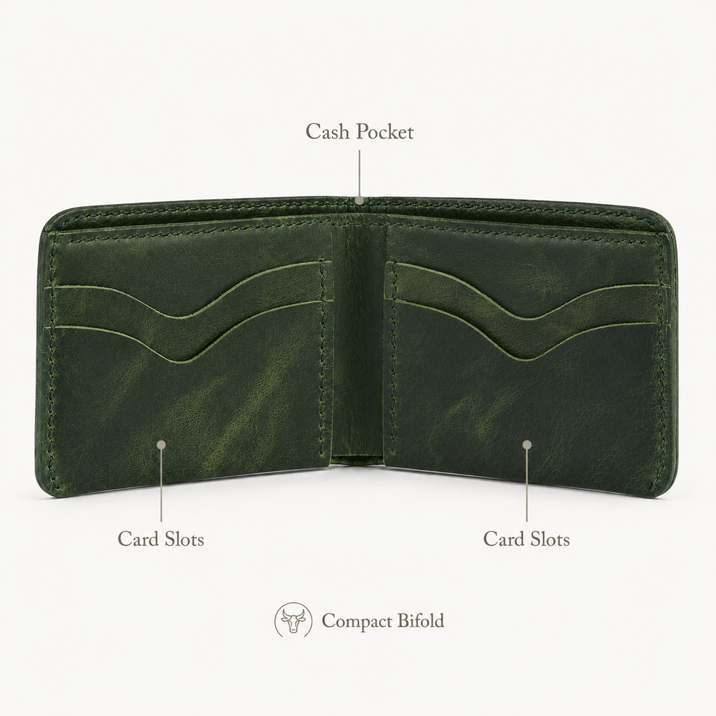 Olive Full Grain Leather Bifold Wallet detail view by Leatherog