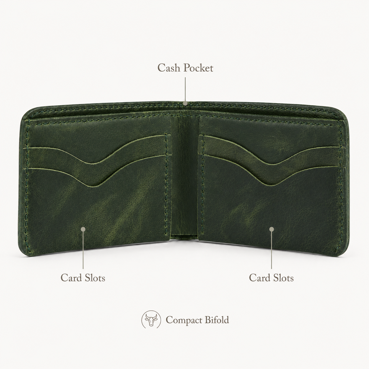 Olive Full Grain Leather Bifold Wallet detail view by Leatherog