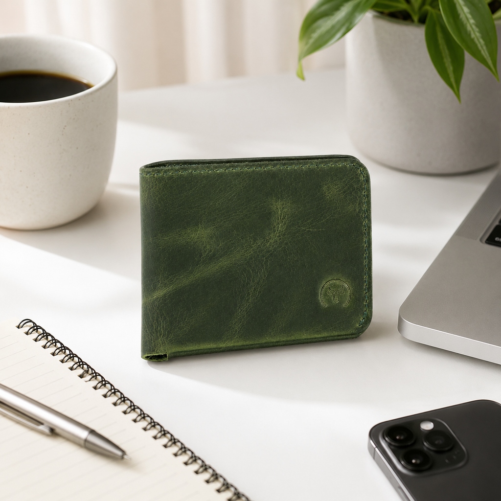 Olive Full Grain Leather Bifold Wallet dimensions guide by Leatherog