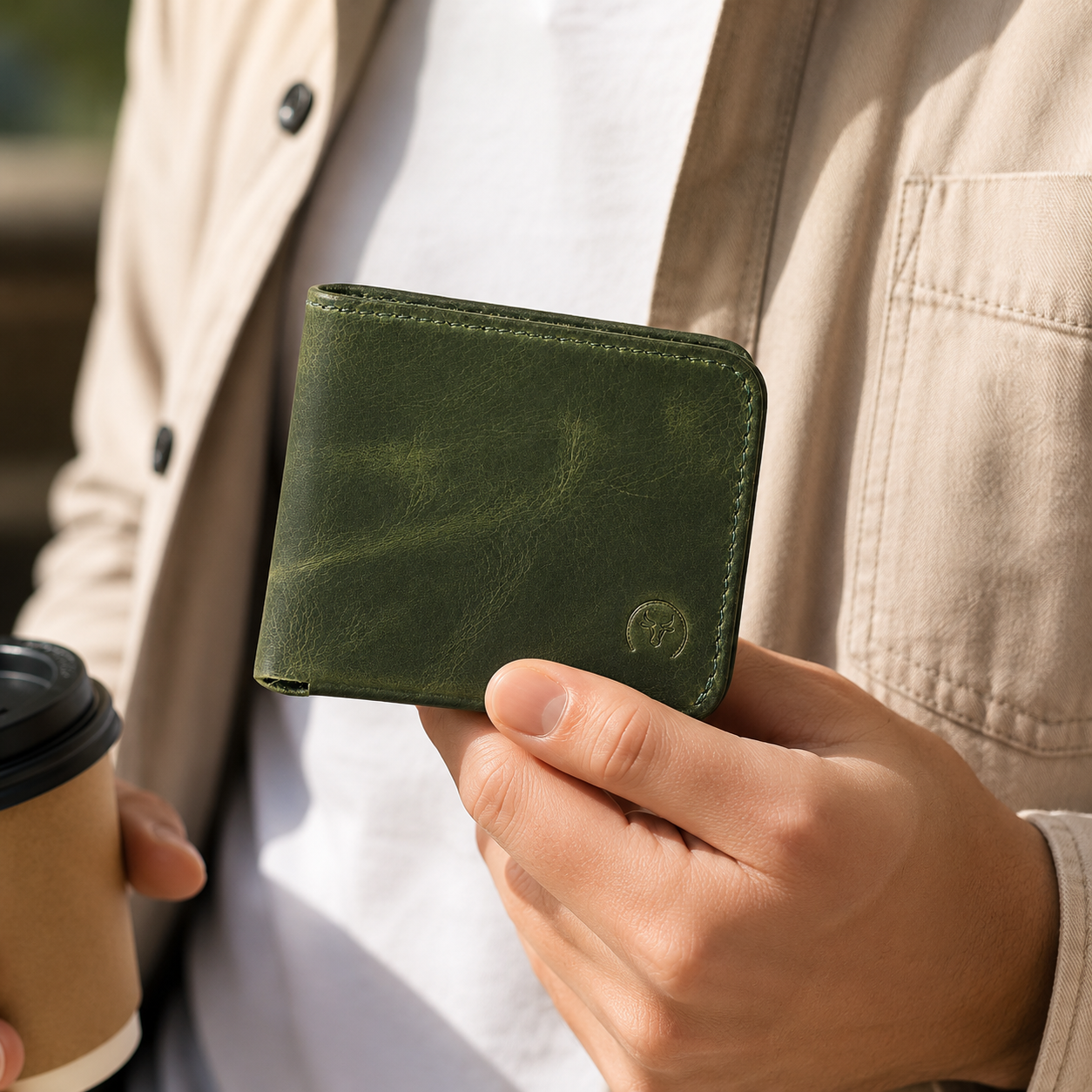 Olive Full Grain Leather Bifold Wallet lifestyle view by Leatherog
