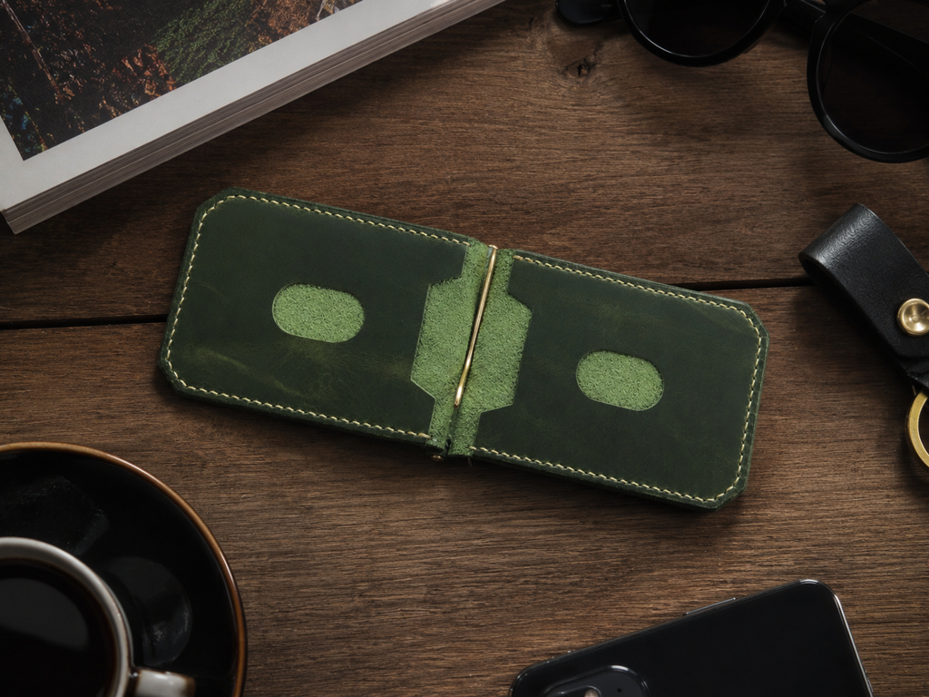 Olive Green Leather Money Clip Bifold Wallet angled view by Leatherog