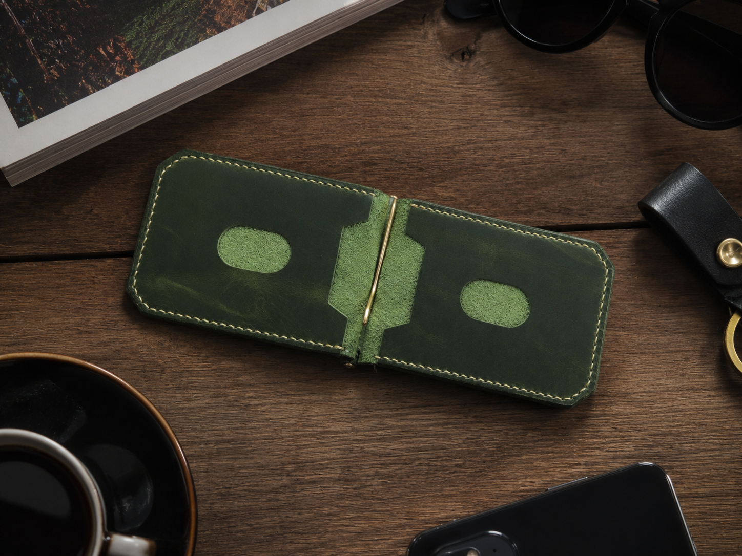 Olive Green Leather Money Clip Bifold Wallet angled view by Leatherog