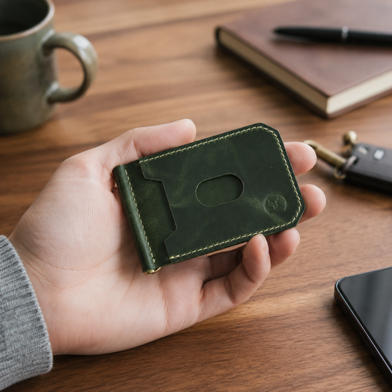 Olive Green Leather Money Clip Bifold Wallet card storage view by Leatherog