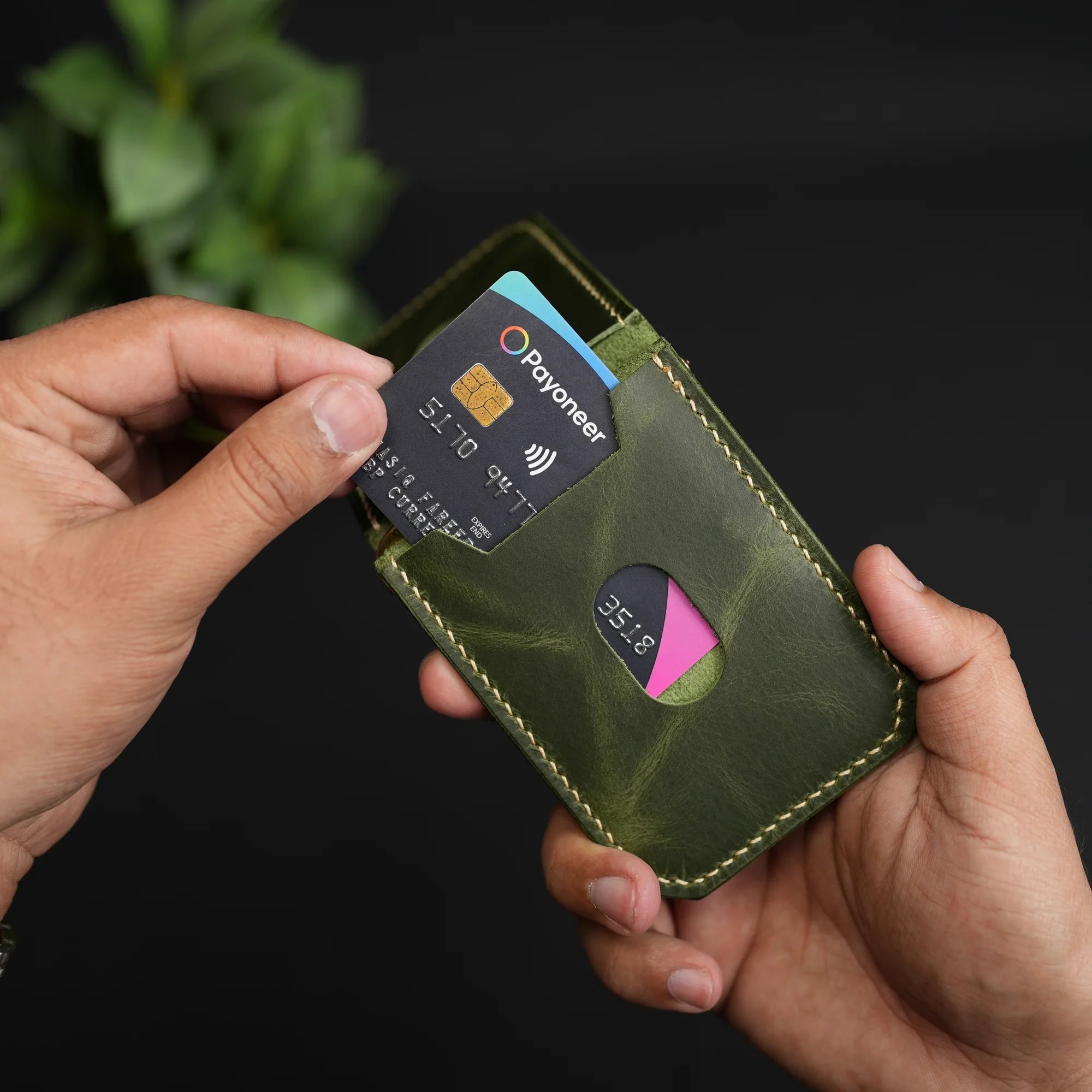 Olive Green Leather Money Clip Bifold Wallet detail view by Leatherog